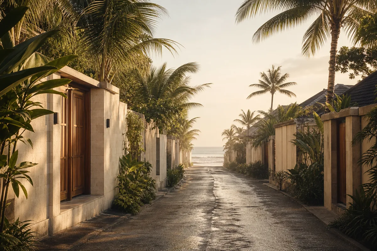 Quiet Canggu lane with teak villa gates and beach haze