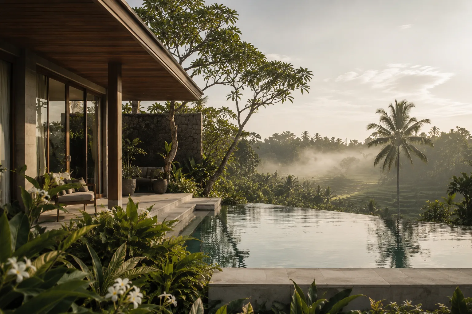 Tropical modern Bali villa with pool and palm trees